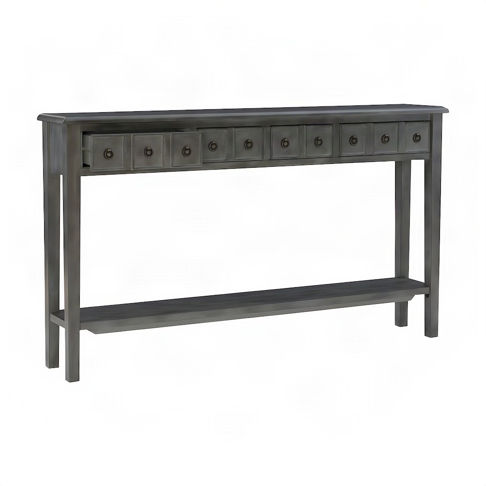 Rubberwood Console Table with Drawers and Open Shelf for Entryway, Grey