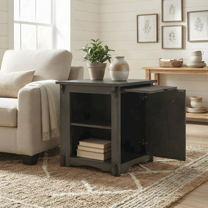 Wood-Finish Side Table with Hidden Door Cabinet and Storage Shelves, Grey