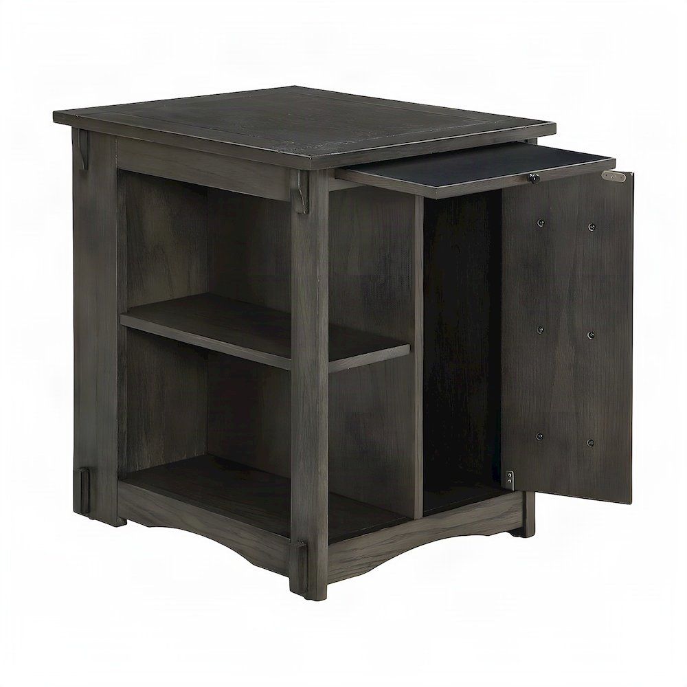 Wood-Finish Side Table with Hidden Door Cabinet and Storage Shelves, Grey
