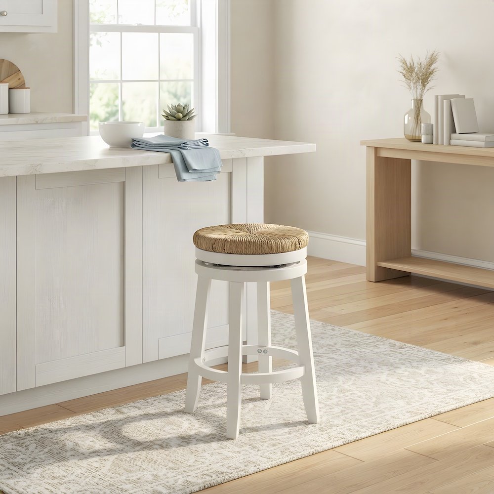 Rubberwood Swivel Counter Stool with Woven Seagrass Seat, Backless, White