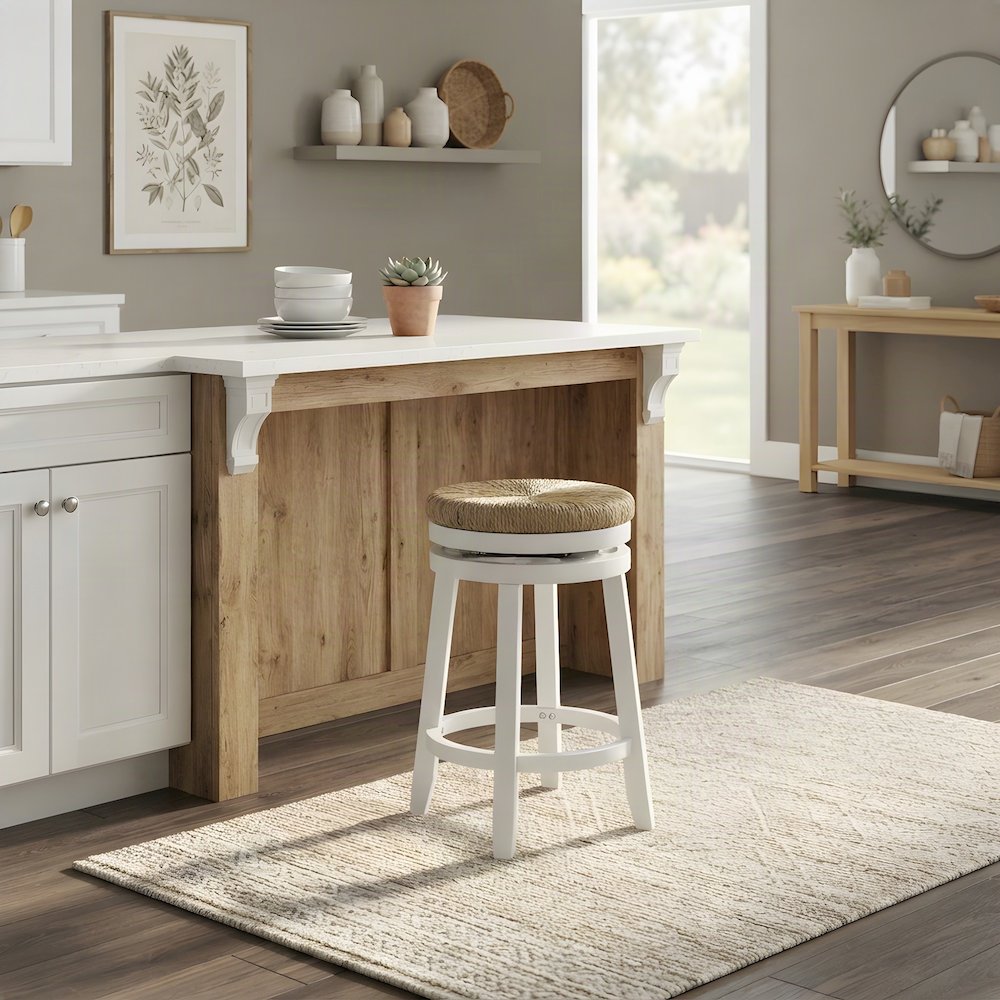 Rubberwood Swivel Counter Stool with Woven Seagrass Seat, Backless, White
