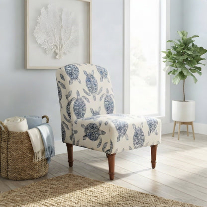 Turtle-Print Upholstered Armless Slipper Chair with Turned Wood Legs, Brown