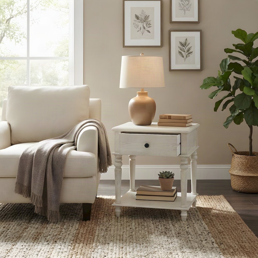 Turned-Leg Rubberwood and MDF Farmhouse Side Table with Storage Drawer, White