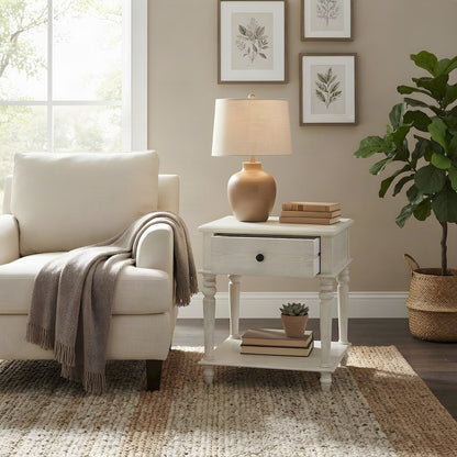 Turned-Leg Rubberwood and MDF Farmhouse Side Table with Storage Drawer, White