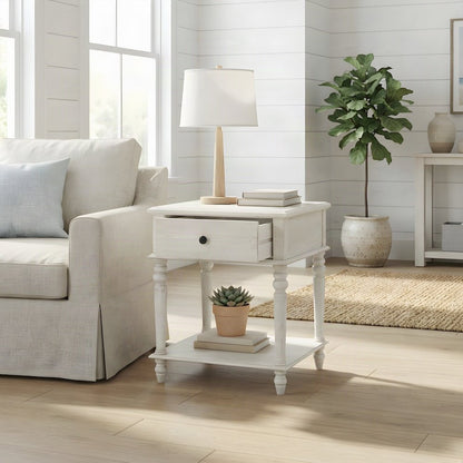 Turned-Leg Rubberwood and MDF Farmhouse Side Table with Storage Drawer, White