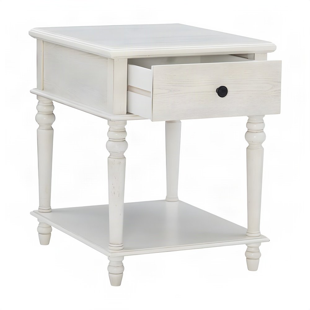 Turned-Leg Rubberwood and MDF Farmhouse Side Table with Storage Drawer, White