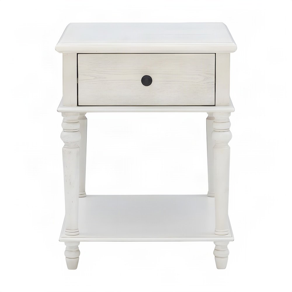 Turned-Leg Rubberwood and MDF Farmhouse Side Table with Storage Drawer, White