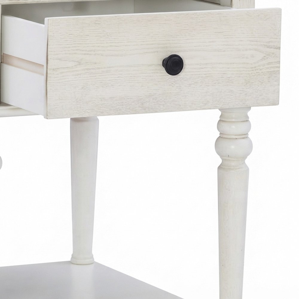 Turned-Leg Rubberwood and MDF Farmhouse Side Table with Storage Drawer, White