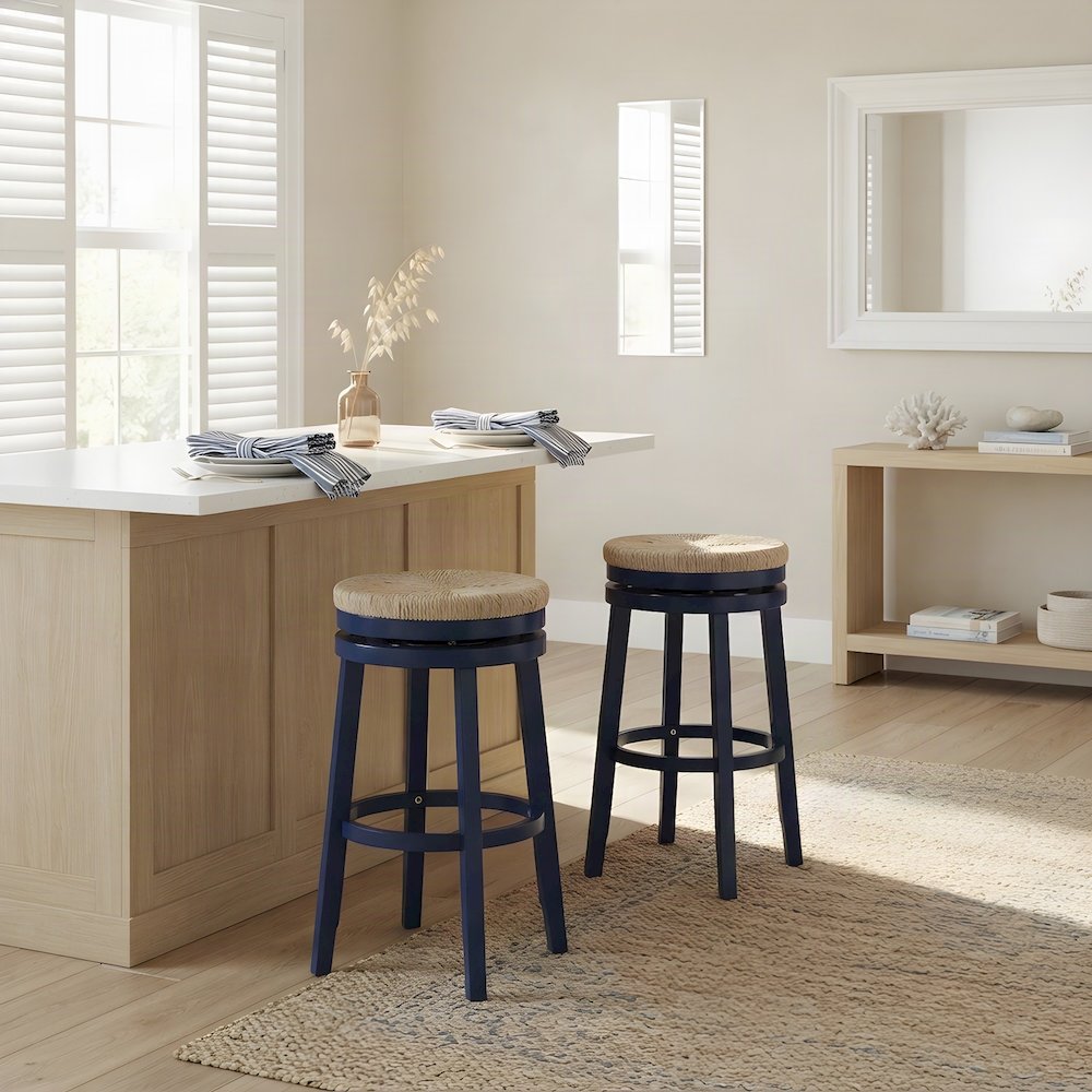 Rubberwood Swivel Bar Stool with Seagrass Seat, Blue