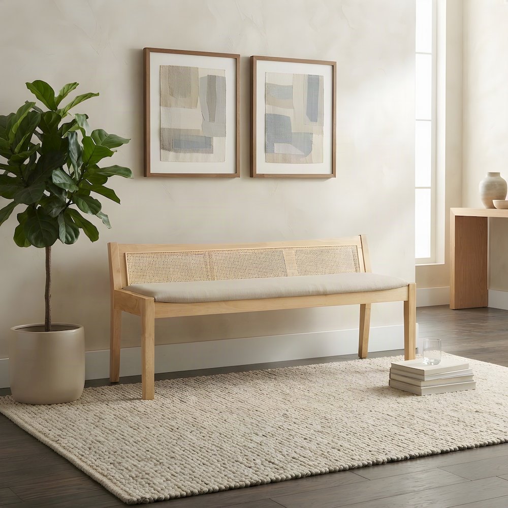 Rattan Cane Upholstered Dining Bench with Low-Profile Back, Wood Frame, Brown