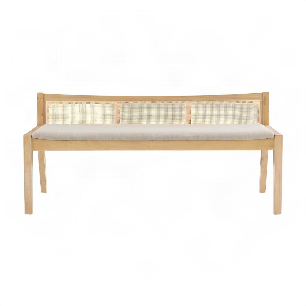 Rattan Cane Upholstered Dining Bench with Low-Profile Back, Wood Frame, Brown