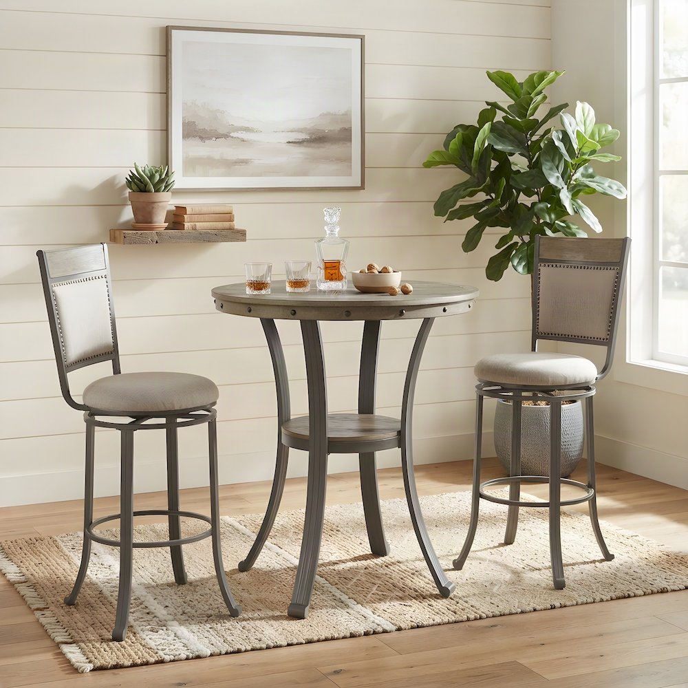 Ash Veneer Bar Table and Swivel Bar Height Stools, Set of 3, Pewter
