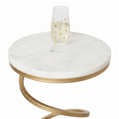 Round Marble Top Pedestal Drink Table with Powder-Coated Spiral Base, White