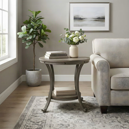 Round Metal-Frame End Table with MDF Top and Lower Shelf, Side, Pewter Grey