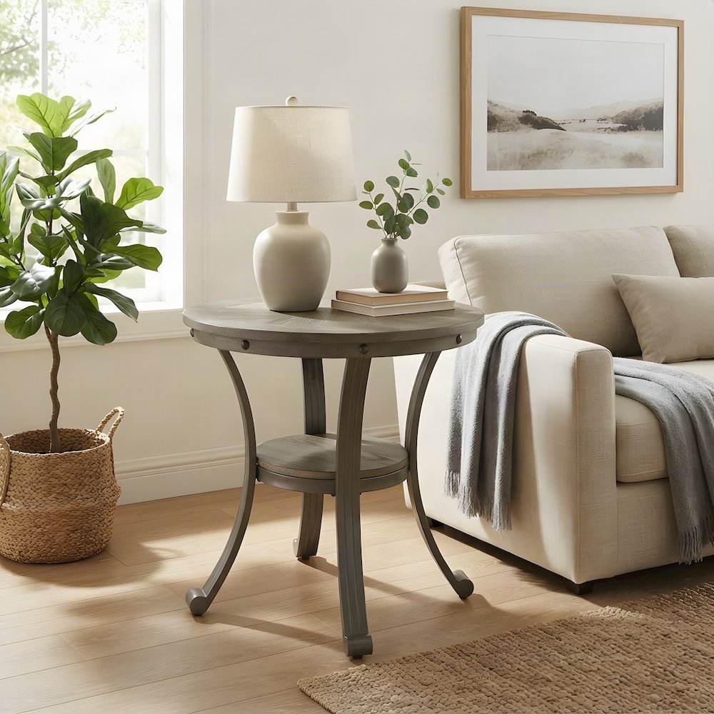 Round Metal-Frame End Table with MDF Top and Lower Shelf, Side, Pewter Grey