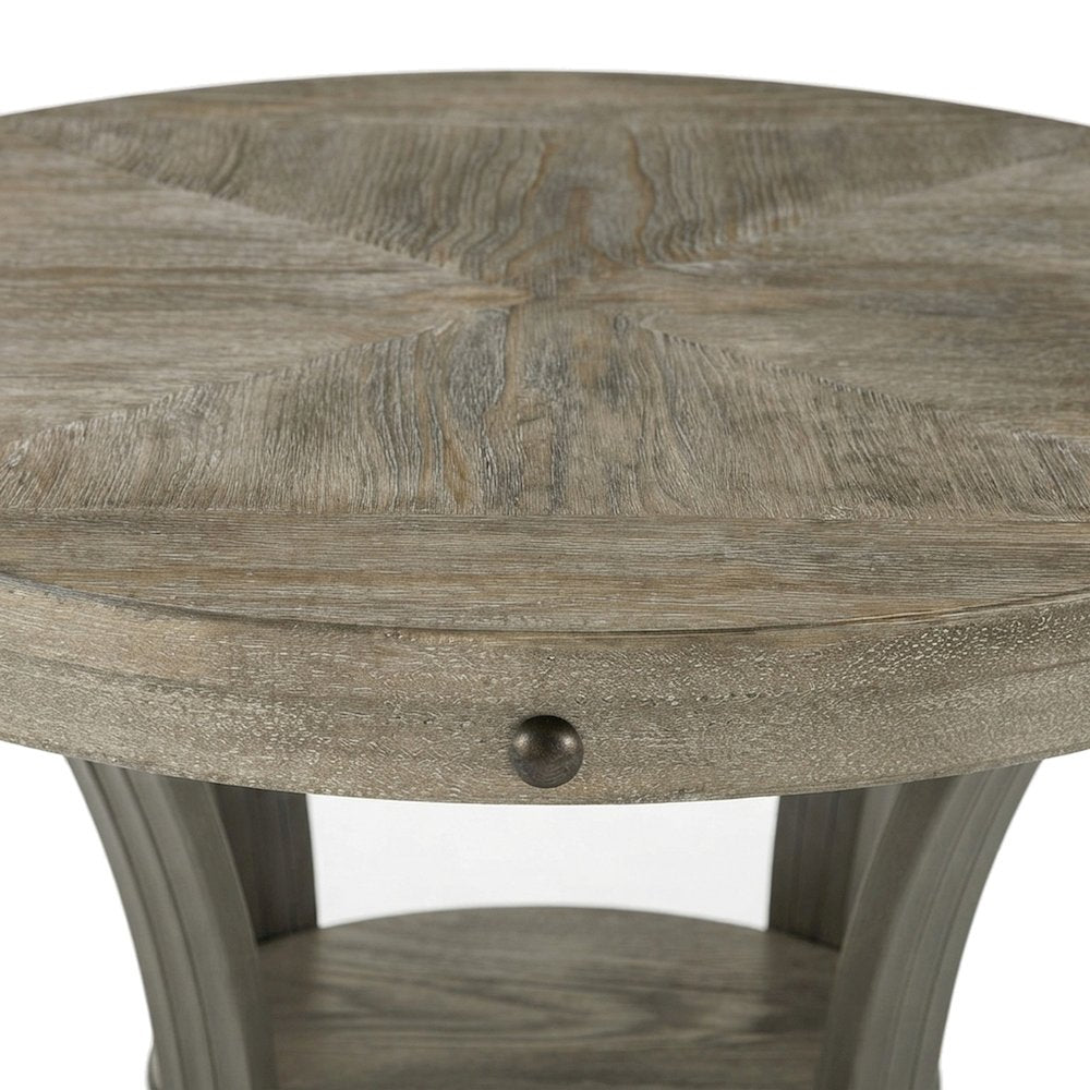 Round Metal-Frame End Table with MDF Top and Lower Shelf, Side, Pewter Grey