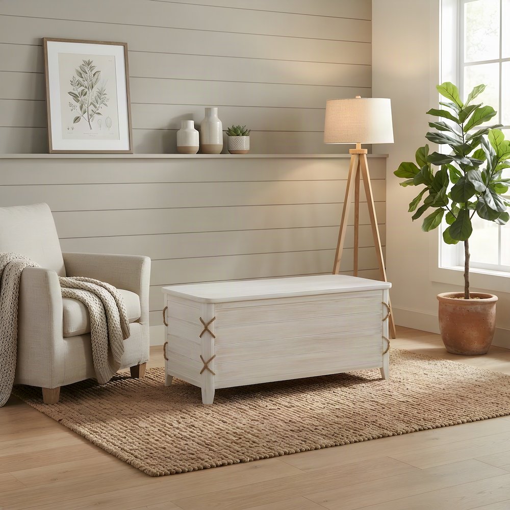 Rope-Detail Wooden Blanket and Storage Chest with Safety-Hinge Lid, White