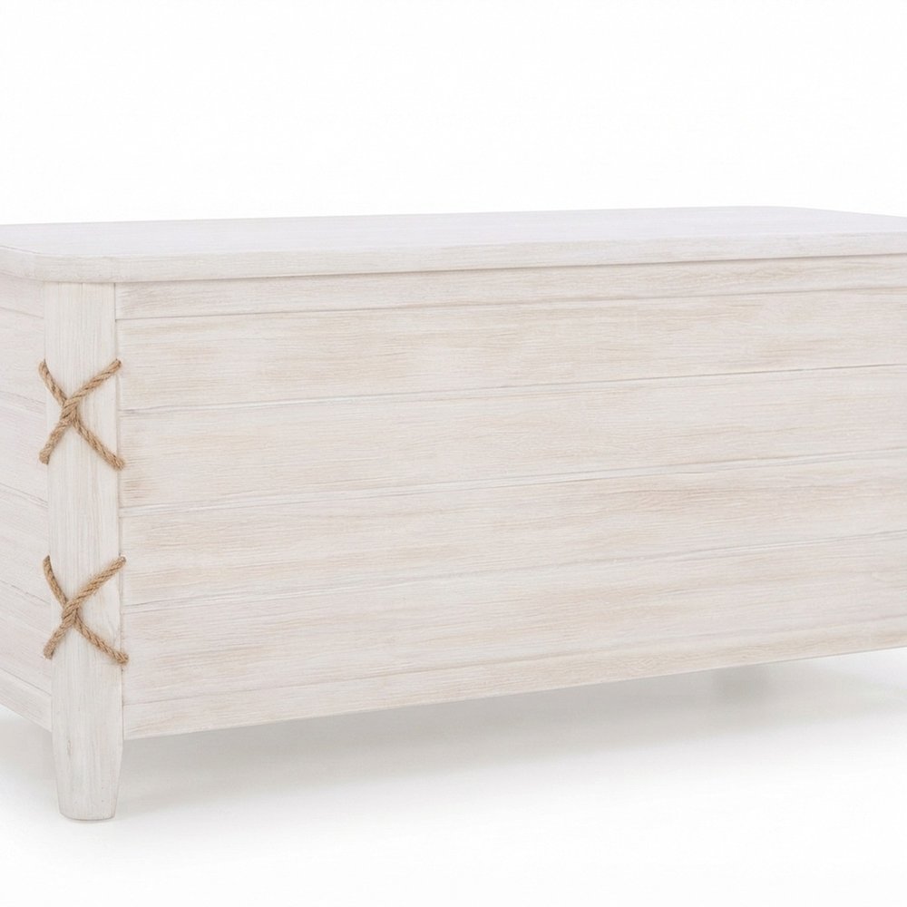 Rope-Detail Wooden Blanket and Storage Chest with Safety-Hinge Lid, White
