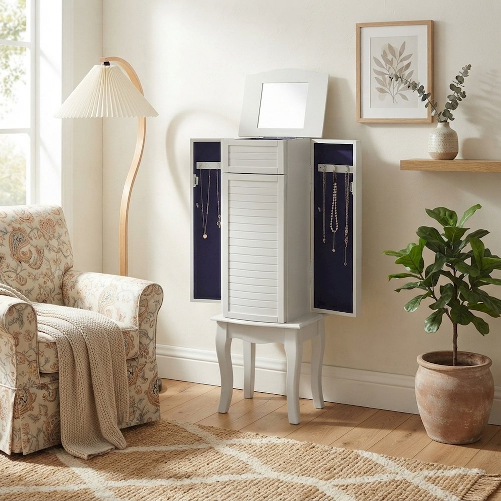 FurniFact Jewelry Armoire with Flip-Top Mirror and Felt Drawers, White