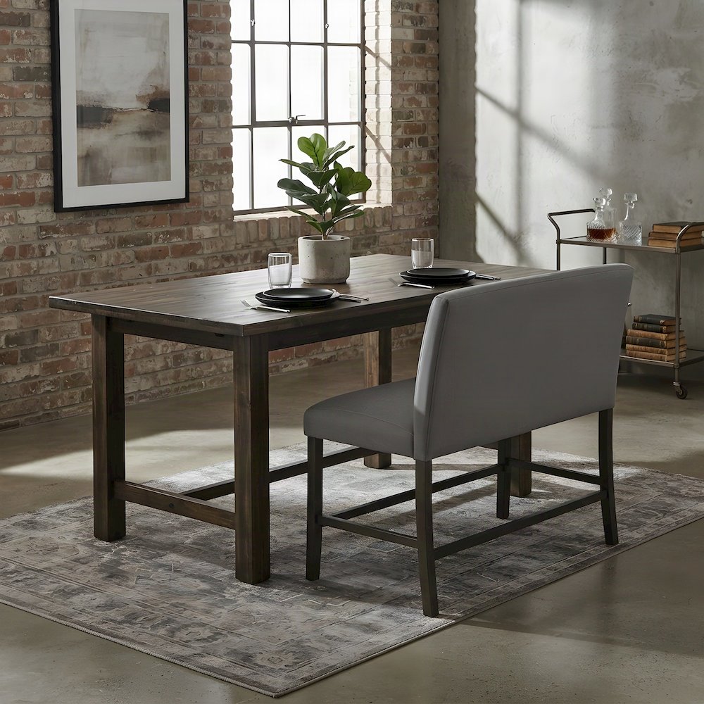 Upholstered Counter Height Dining Bench with Back and Nail Head Trim, Grey