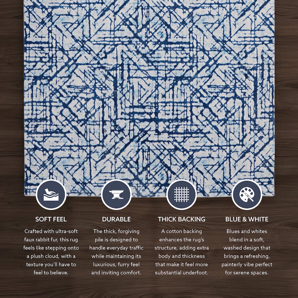 Motif Printed Faux Rabbit Ingrain Blue White 8x10, Rug