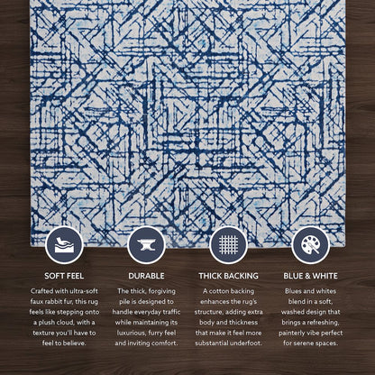 Motif Printed Faux Rabbit Ingrain Blue White 8x10, Rug