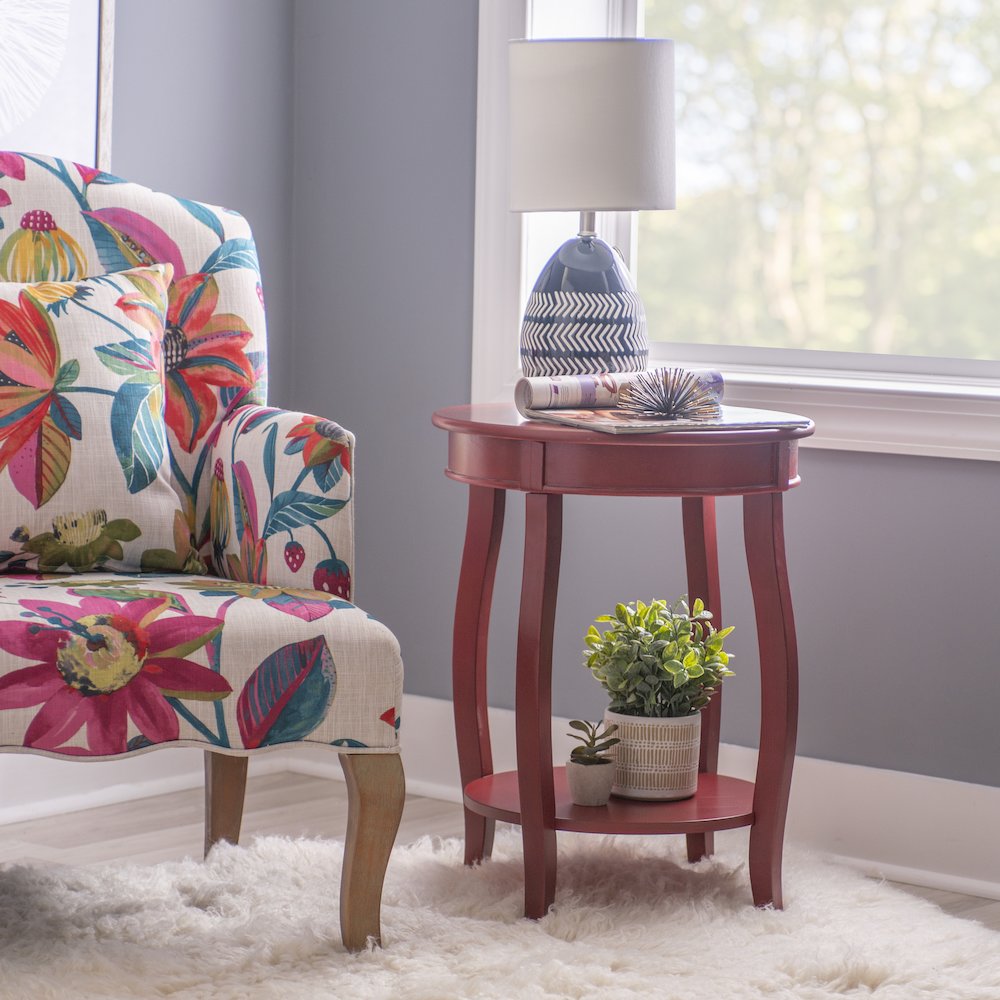 Red Round Table with Shelf