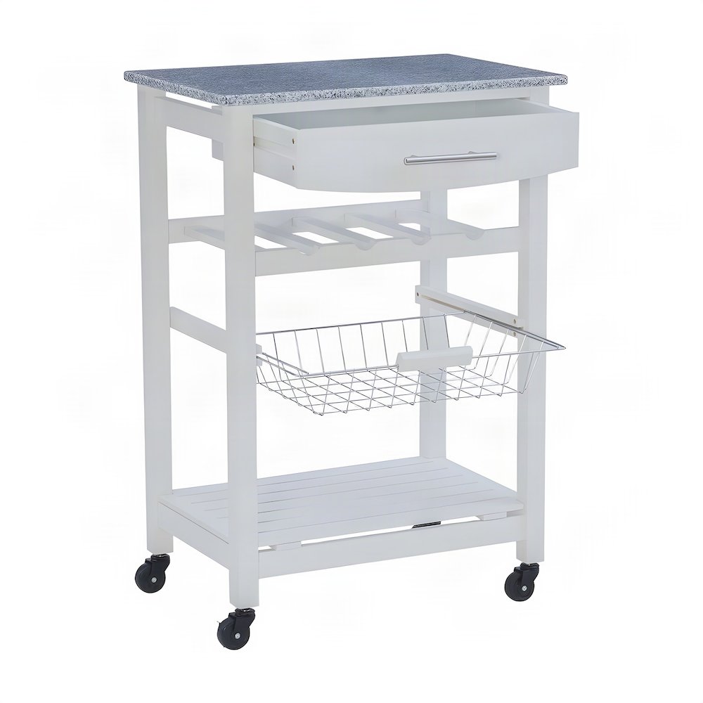Pine Kitchen Island with Granite Top, Storage, and Wine Rack, White