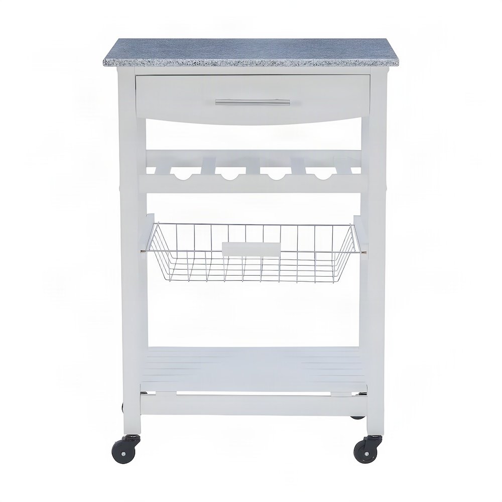Pine Kitchen Island with Granite Top, Storage, and Wine Rack, White