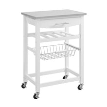 White Kitchen Cart with Pine Top and Stainless Steel Accents for Storage
