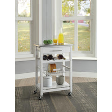 White Kitchen Cart with Pine Top and Stainless Steel Accents for Storage