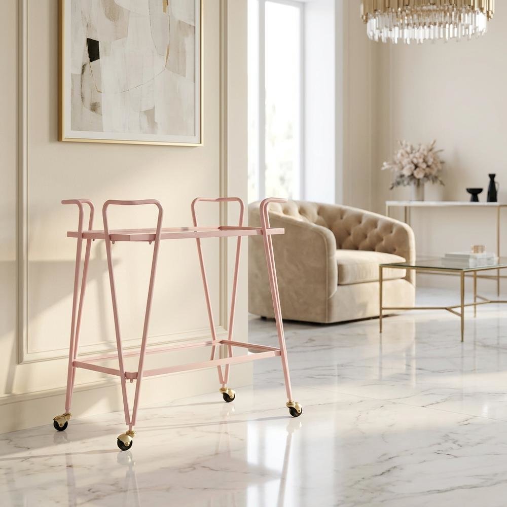 Pink Mid-Century Bar Cart with Glass Shelves and Iron Frame