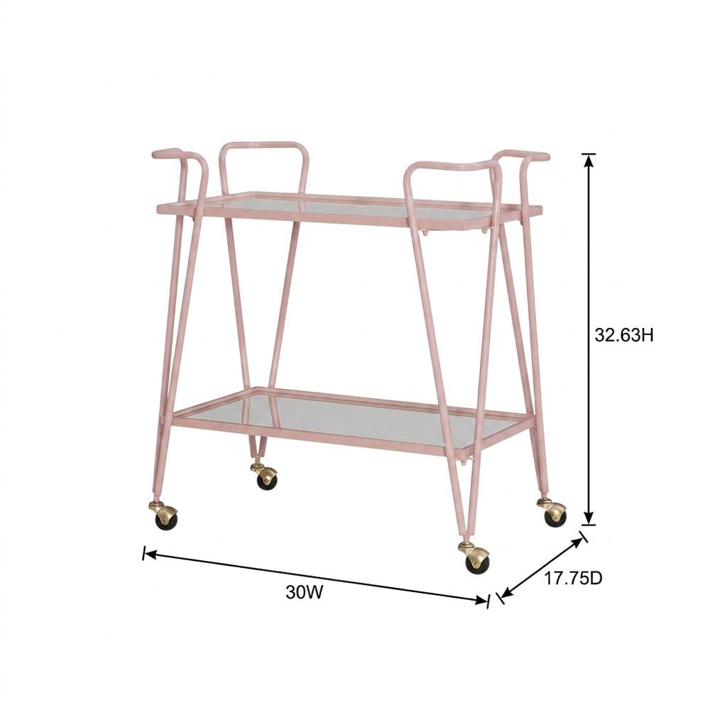 Pink Mid-Century Bar Cart with Glass Shelves and Iron Frame