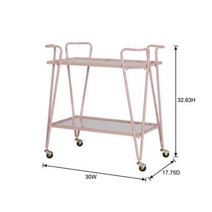 Pink Mid-Century Bar Cart with Glass Shelves and Iron Frame
