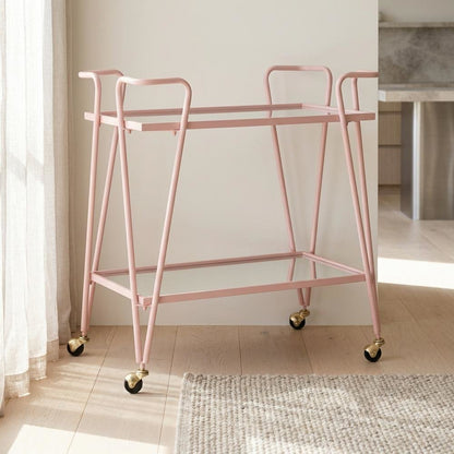 Pink Mid-Century Bar Cart with Glass Shelves and Iron Frame