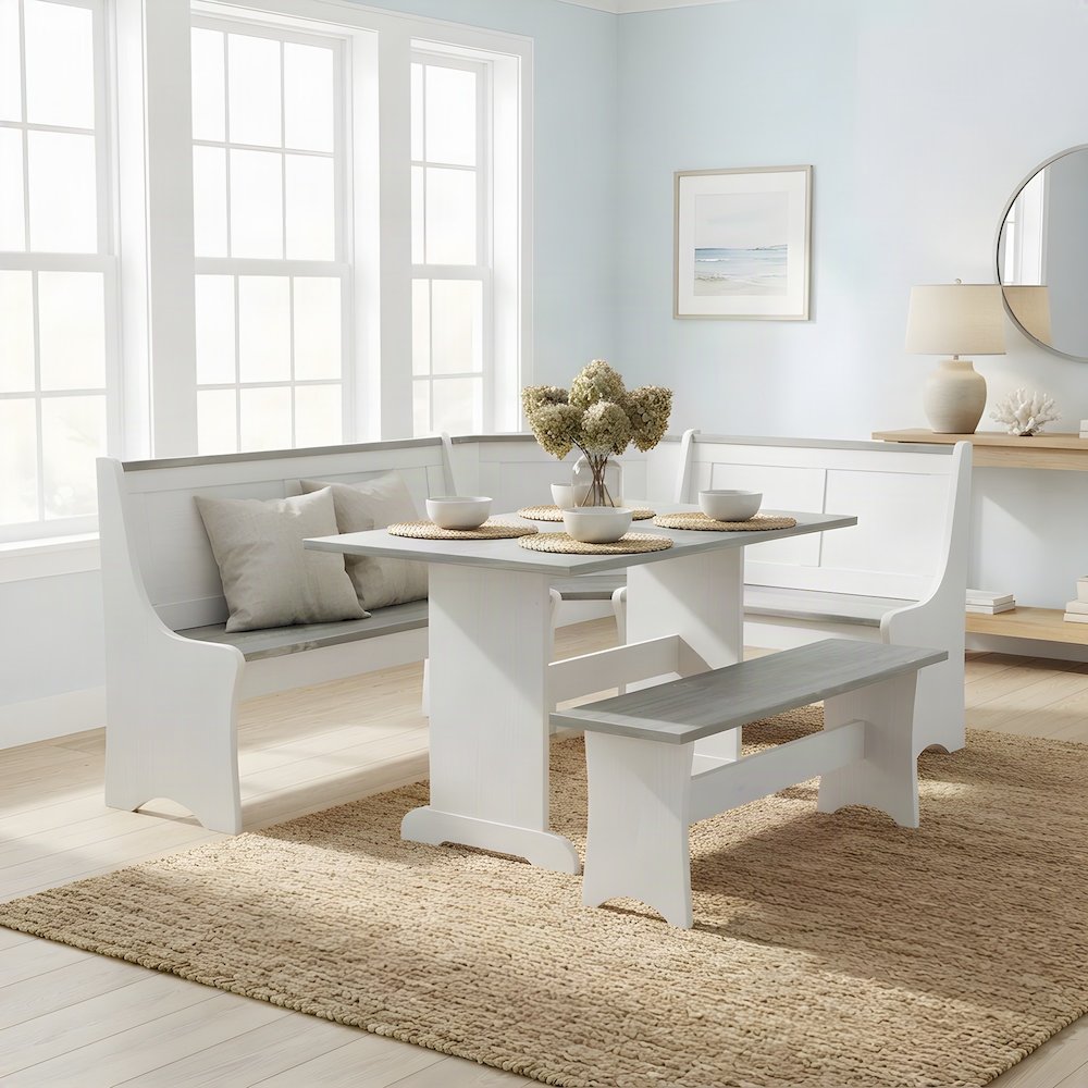 Solid Pine Corner Breakfast Nook Banquette Set with Storage Benches, White