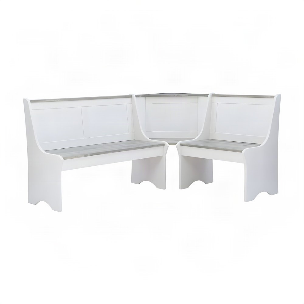Solid Pine Corner Breakfast Nook Banquette Set with Storage Benches, White