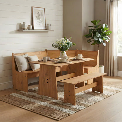 Solid Pine Corner Breakfast Nook Dining Set with Storage Bench, Natural
