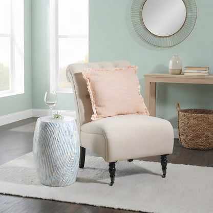 Mother of Pearl Mosaic Capiz Shell Round Drum Accent Side Table, Blue