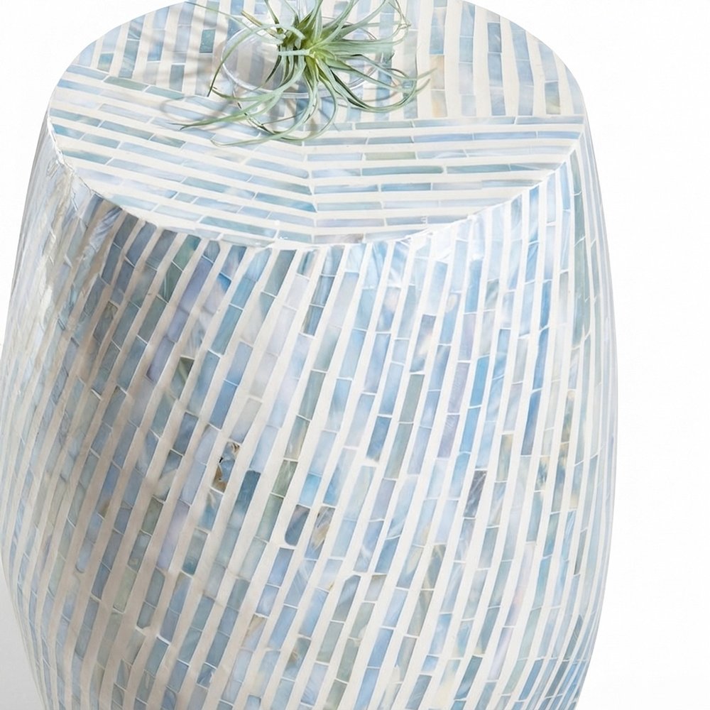 Mother of Pearl Mosaic Capiz Shell Round Drum Accent Side Table, Blue