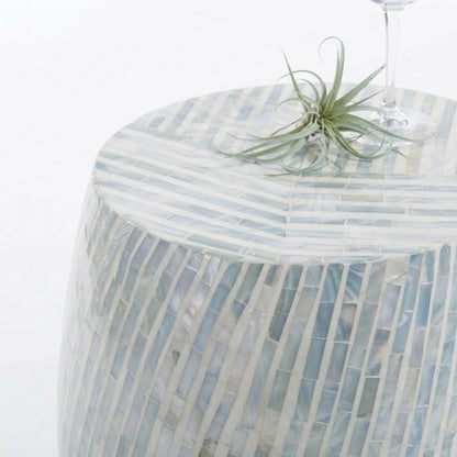 Mother of Pearl Mosaic Capiz Shell Round Drum Accent Side Table, Blue