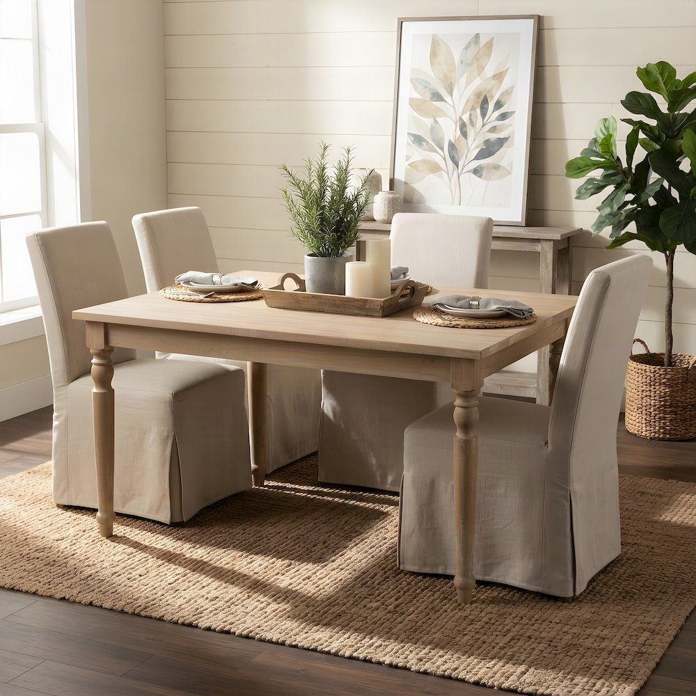Veneer Farmhouse Dining Table with Turned Rubberwood Legs, Rectangle, Brown