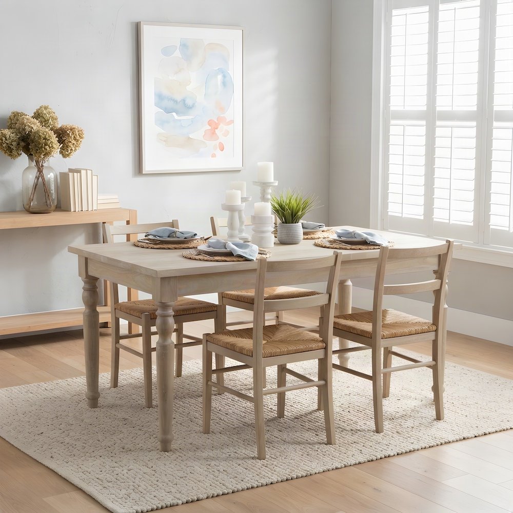 Veneer Farmhouse Dining Table with Turned Rubberwood Legs, Rectangle, Brown