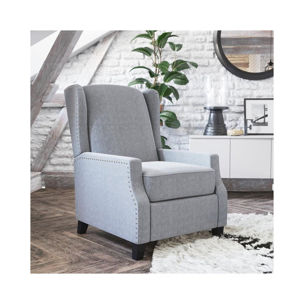 Traditional Style Slim Push Back Recliner Chair-Wingback Recliner with Gray Polyester Fabric Upholstery-Accent Nail Trim