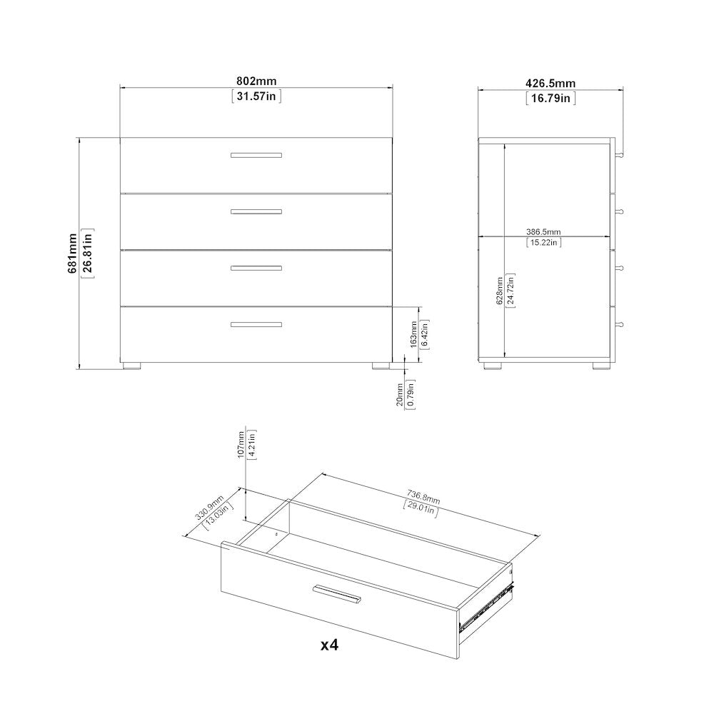 Austin 4 Drawer Chest, Oak Structure/White High Gloss