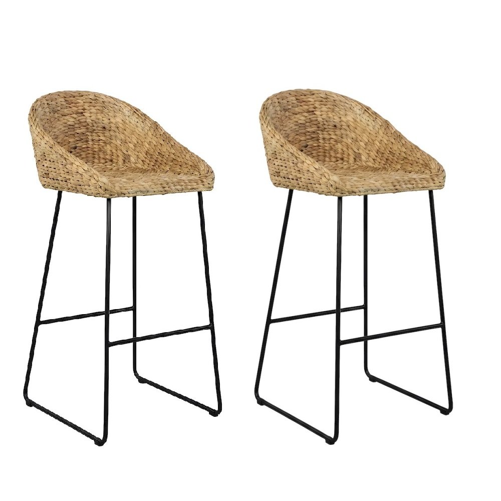 Water Hyacinth Counter Stools Set of 2 with Iron Footrest and Sled Base, Coastal