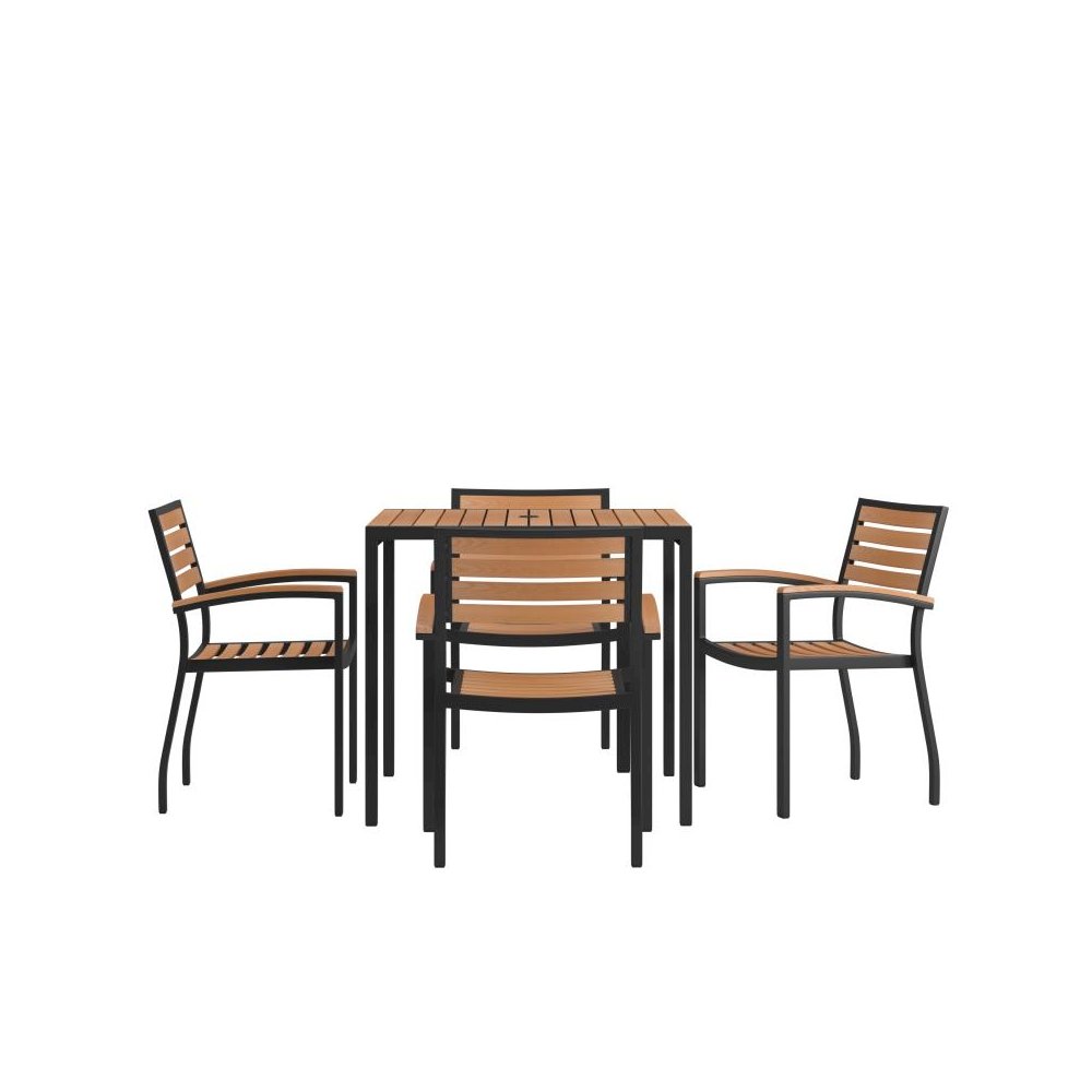5 Piece Outdoor Dining Table Set - Synthetic Teak Poly Slats - 35" Square Steel Framed Table with Umbrella Hole - 4 Club Chairs