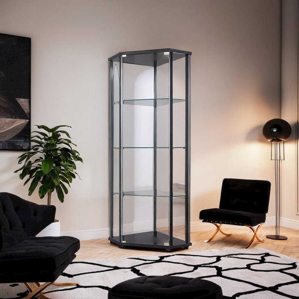 Sophisticated Black Glass Shelf Curio Cabinet with Clear Glass Doors