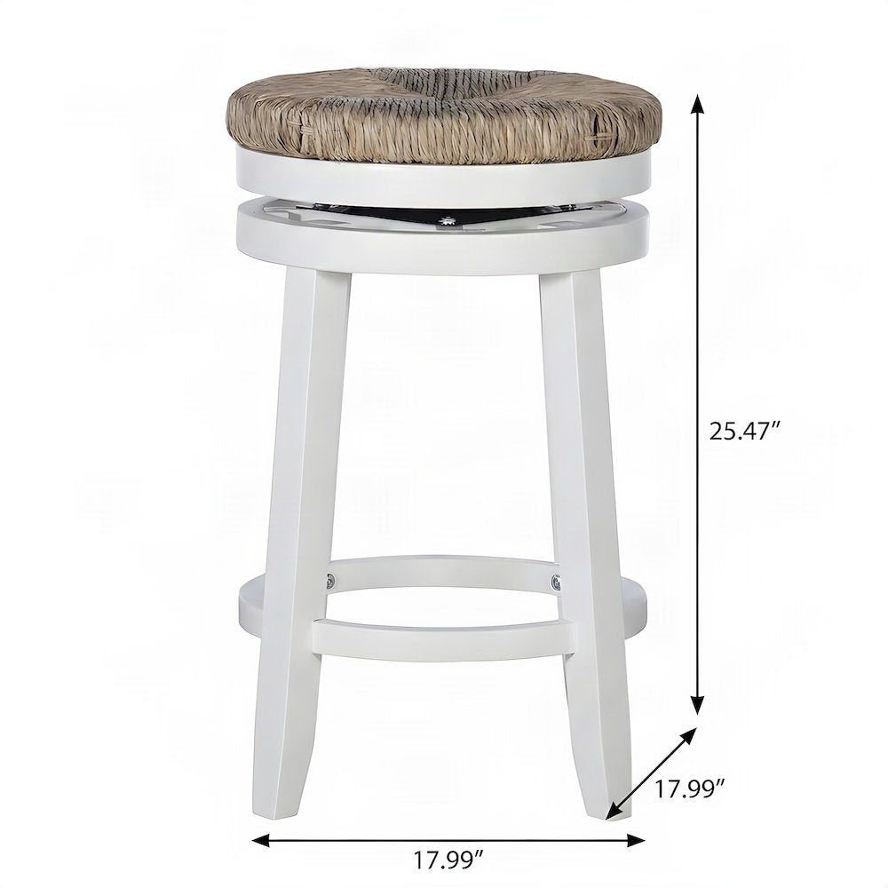 Rubberwood Swivel Counter Stool with Woven Seagrass Seat, Backless, White