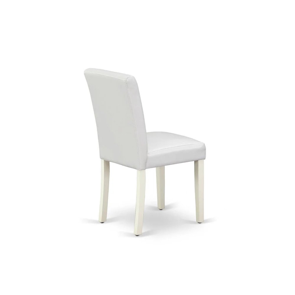 5 Piece Dining Room Table Set Includes a Round Kitchen Table with Pedestal and 4 White Faux Leather Upholstered Parson Chairs, Linen White